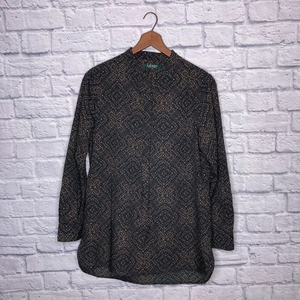 Lauren Ralph Lauren Medium M Black Tan Medallion Print Popover Tunic Top Blouse‎
